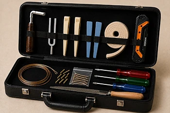 Geöffneter Werkzeugkoffer eines Klavierstimmers mit Stimmschlüssel, Stimmgabel, Stimmkeilen, Ersatzsaite, Stosszungenfedern und weiterem Spezialwerkzeug für das Klavierstimmen.