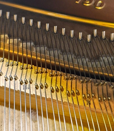 Chevalet d’un piano à queue avec les cordes guidées latéralement et leur fixation visible à l’arrière-plan.