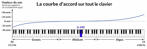 Courbe d’accord montrant les écarts progressifs par rapport aux valeurs théoriques, vers le bas dans le grave et vers le haut dans l’aigu, autour du la de référence à 440 Hz.