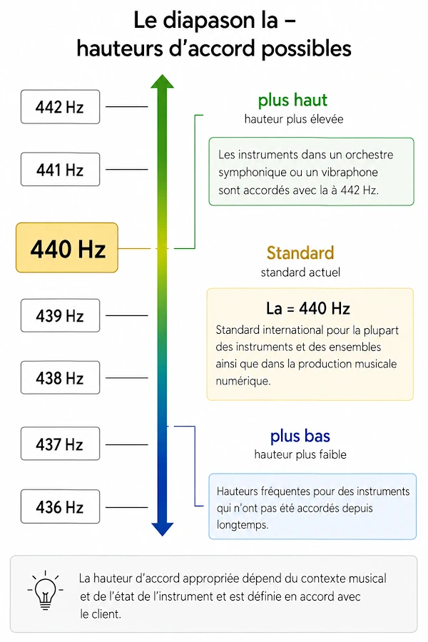 Infographie présentant différentes hauteurs possibles du diapason de 436 à 442 Hz, avec 440 Hz comme référence internationale actuelle.