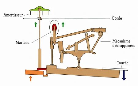 Mécanique d’un piano à queue avec touche enfoncée, marteau frappant la corde et étouffoir soulevé.